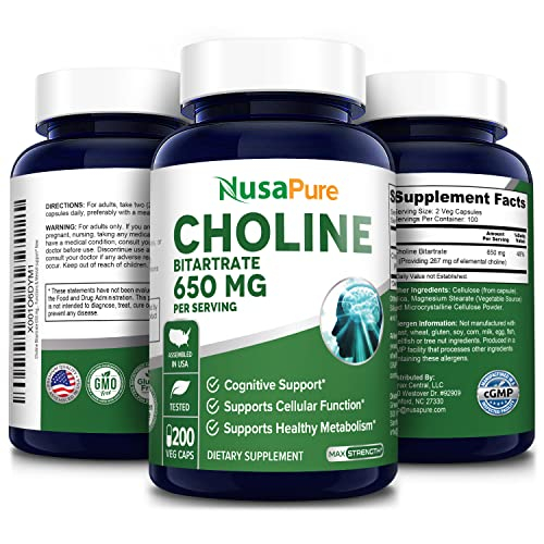 Foto 3 pulgar | Suplemento Nusapure de Bitartrato de Colina 650 mg 200 Cápsulas Vegetarianas - Venta Internacional