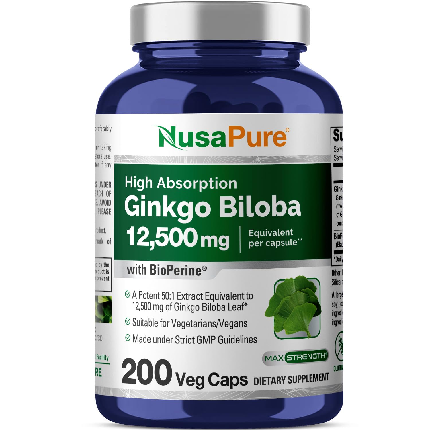 Foto 2 pulgar | Suplemento Nusapure Extracto de Ginkgo Biloba 12500 mg 200 Cápsulas - Venta Internacional