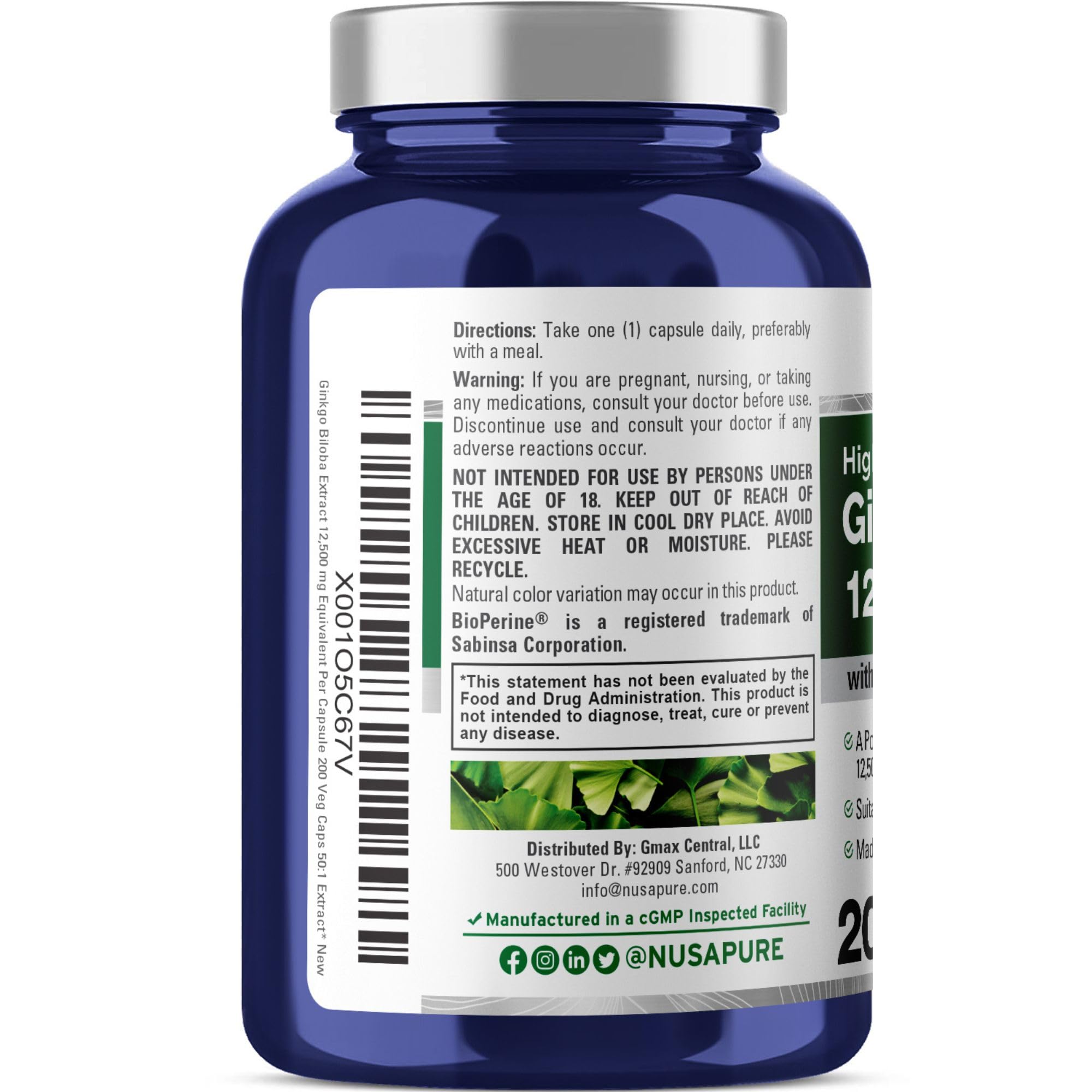 Foto 4 pulgar | Suplemento Nusapure Extracto de Ginkgo Biloba 12500 mg 200 Cápsulas - Venta Internacional