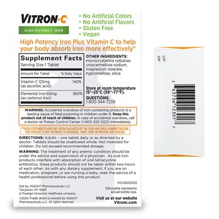 Foto 2 | Suplemento de Hierro Vitron-C de Alta Potencia 65 mg más Vitamina C 60 Tabletas - Venta Internacional