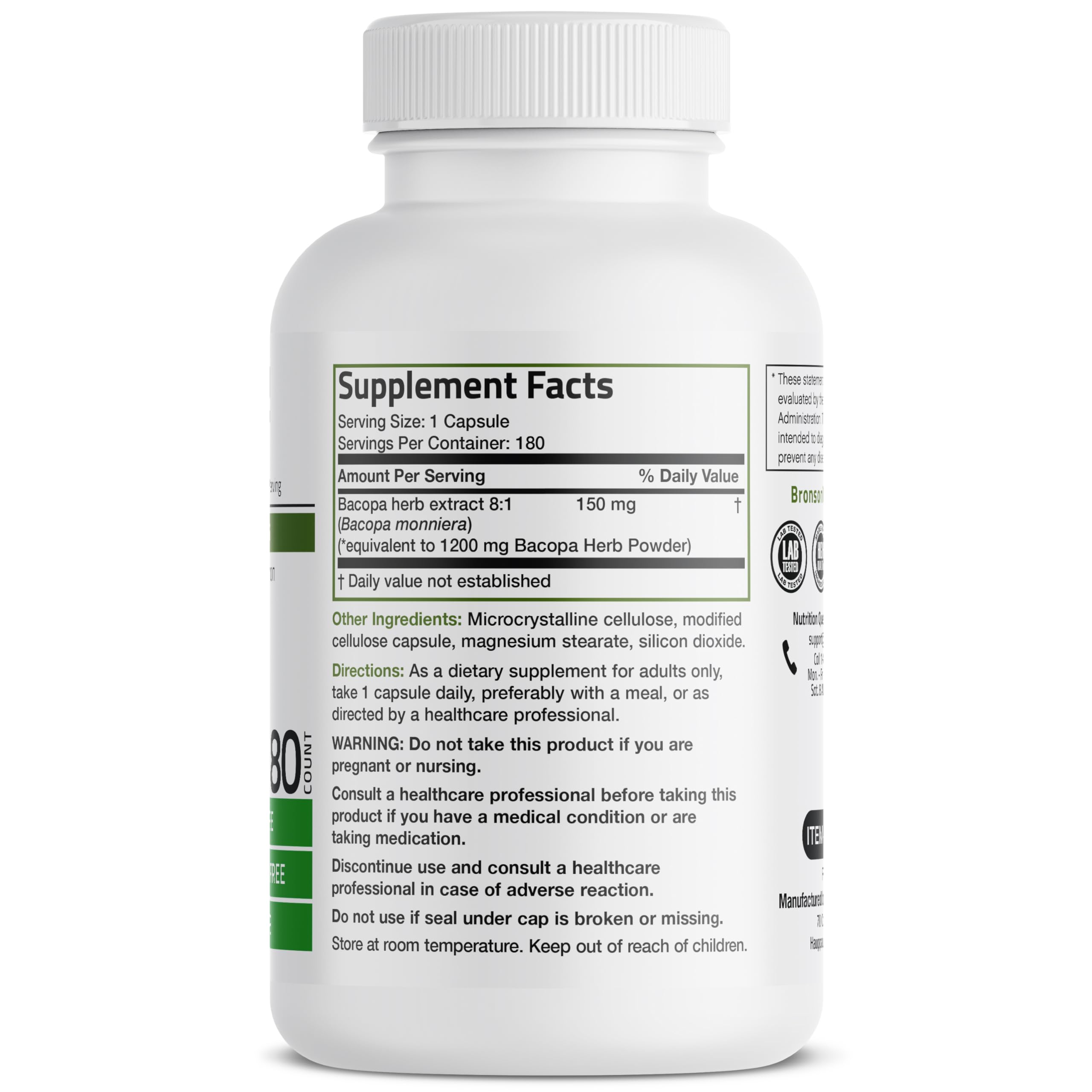 Foto 2 | Suplemento Bronson Bacopa Equivalente a 1200 mg 180 Cápsulas - Venta Internacional