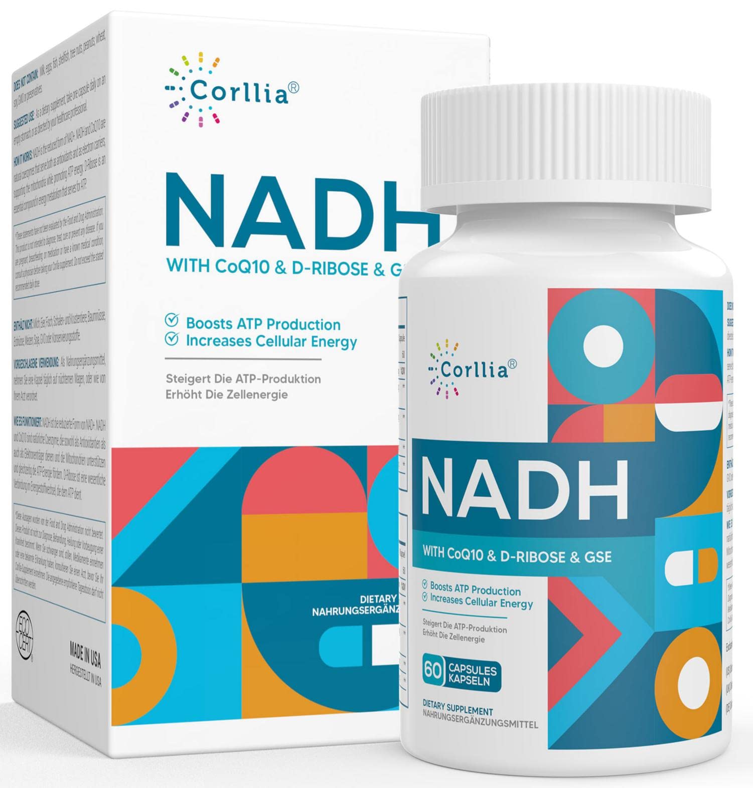 Suplemento Corllia Nadh+CoQ10+D-Ribosa 60 Cápsulas - Venta Internacional
