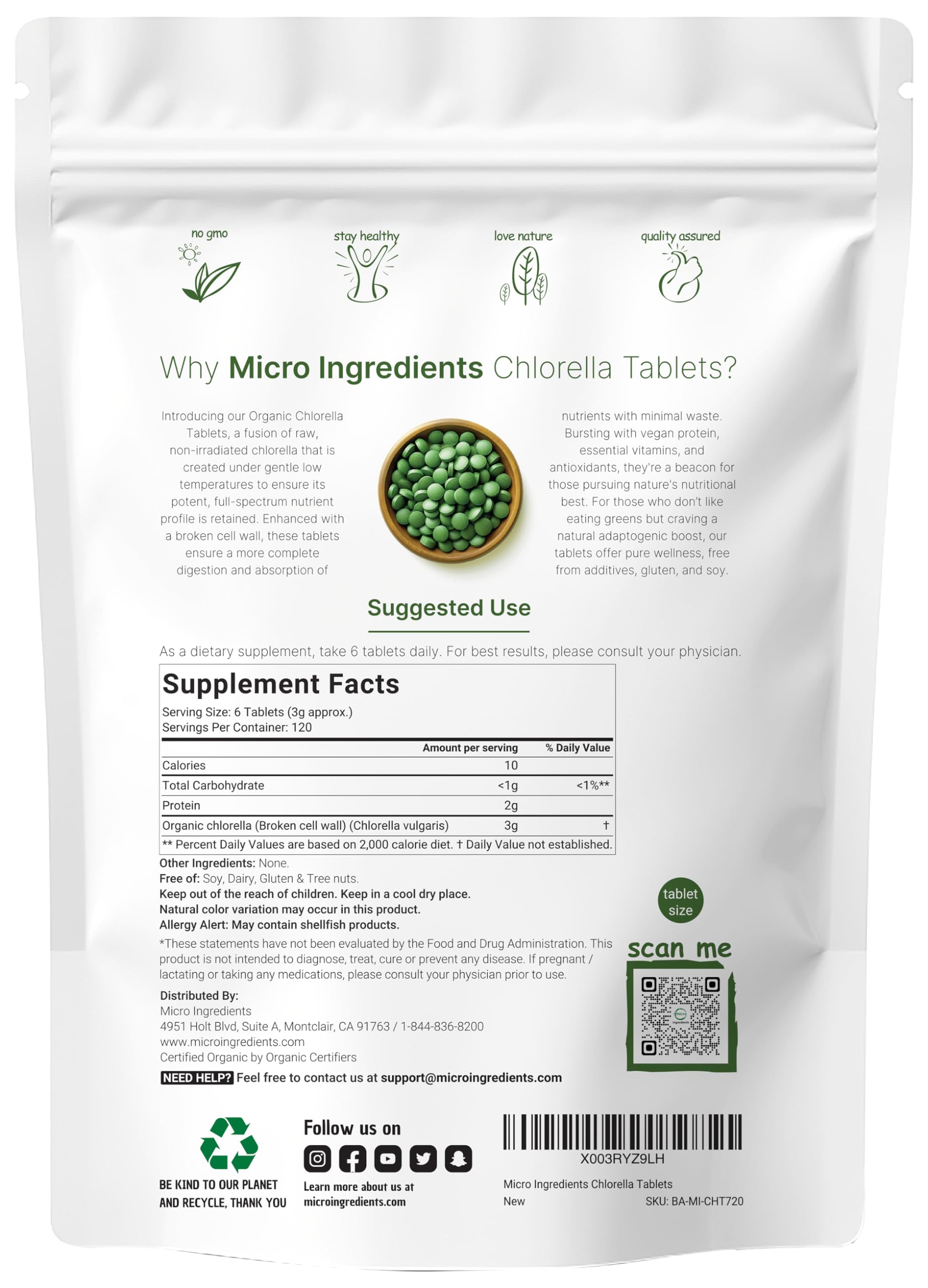 Foto 3 pulgar | Suplemento Microingredientes de Clorella Orgánica 720 Tabletas - Venta Internacional