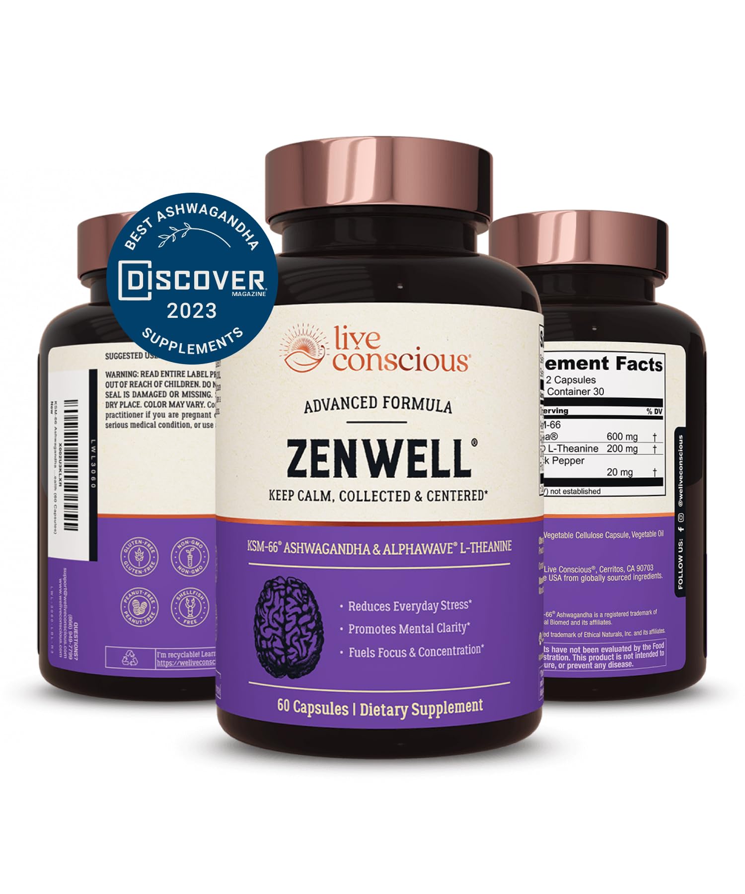 Foto 2 pulgar | Suplemento Live Conscious Zenwell Ksm-66 Ashwagandha 60 Cápsulas - Venta Internacional