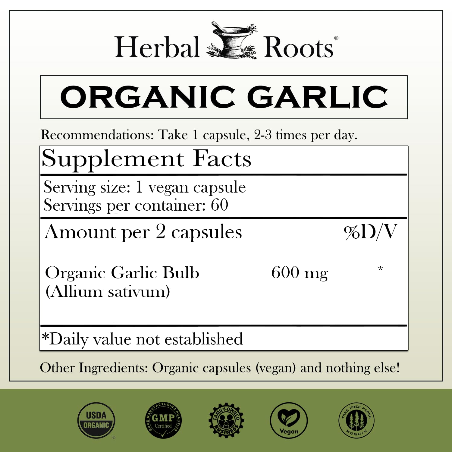 Foto 3 pulgar | Suplemento Herbal Roots Organic de Bulbo Entero con Ajo 600 Mg - Venta Internacional