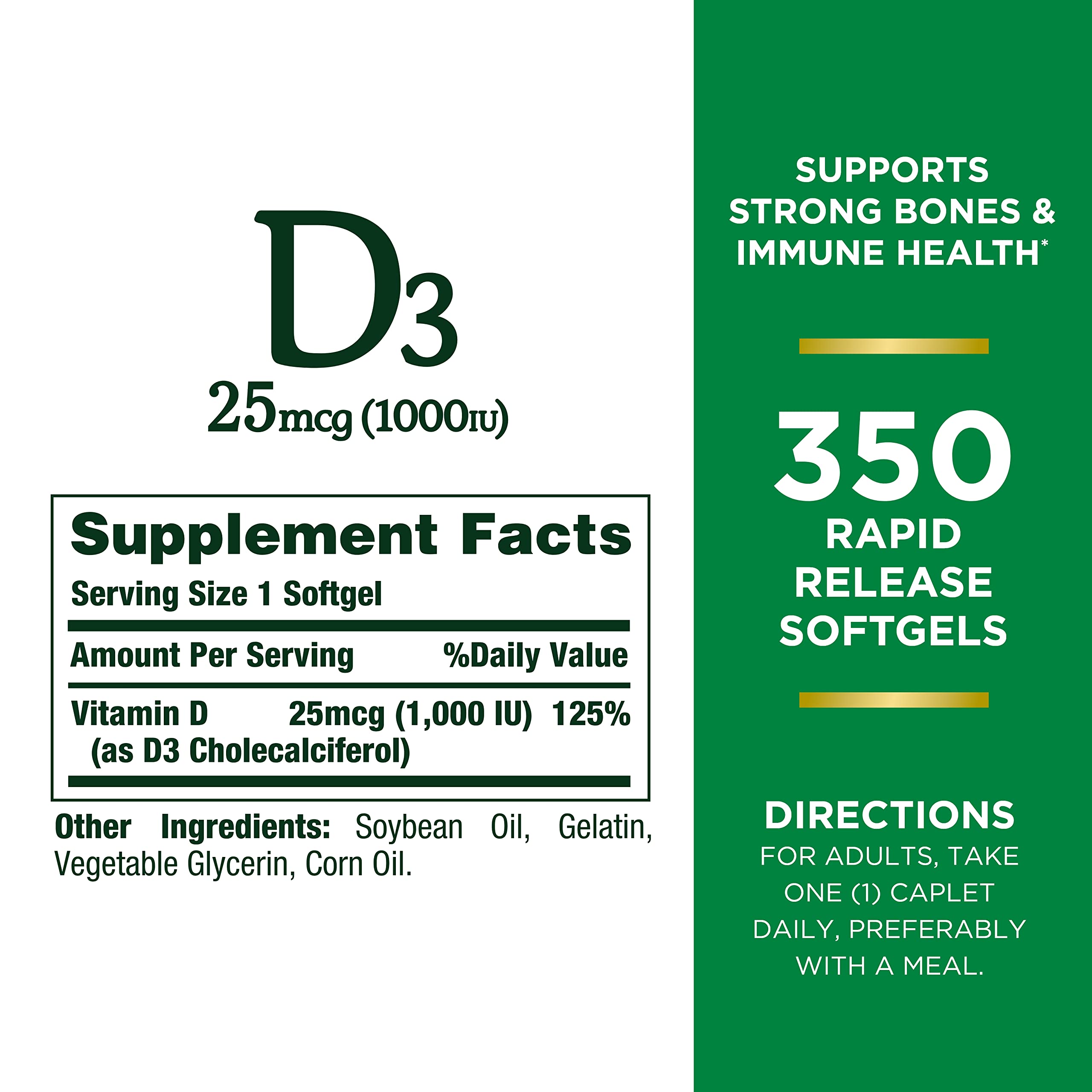 Foto 2 | Suplemento de Vitamina D3 Nature's Bounty 1000 Ui 350 Cápsulas Blandas - Venta Internacional