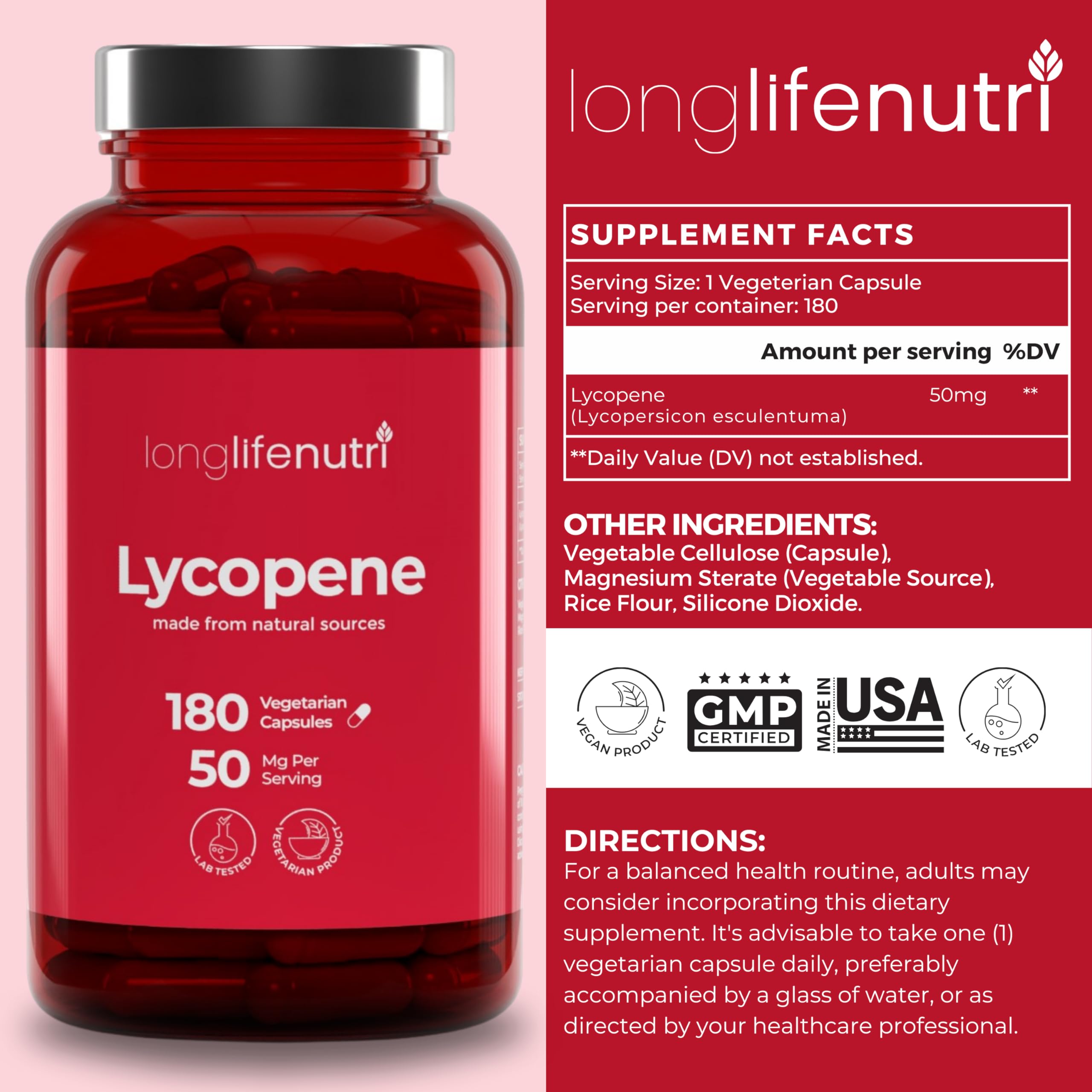 Foto 3 pulgar | Suplemento Longlifenutri Licopene 50 mg 180 Cápsulas Vegetarianas - Venta Internacional