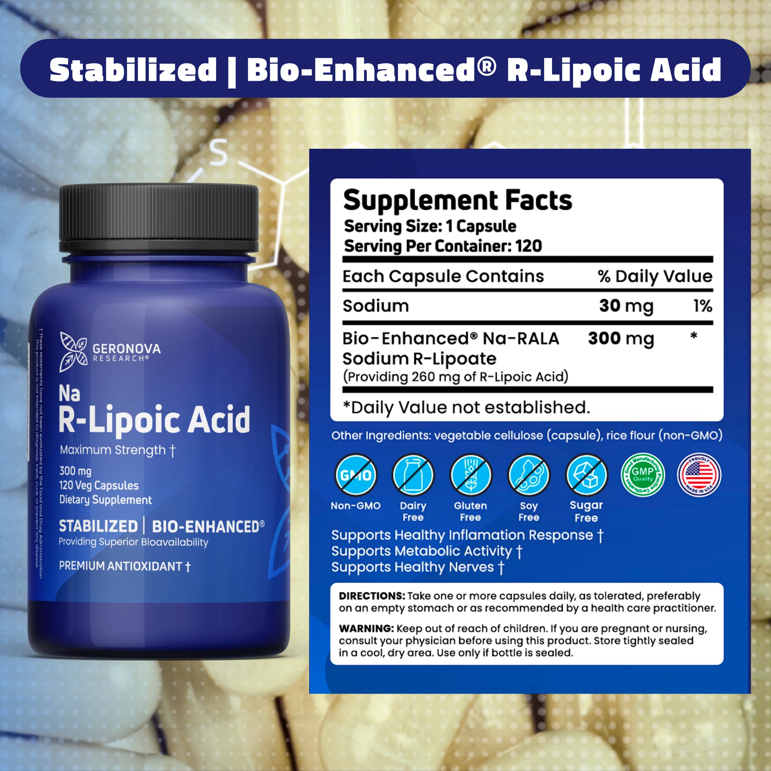 Foto 7 pulgar | Suplemento de Ácido R-lipoico Geronova Research 300 mg 120 Cápsulas - Venta Internacional