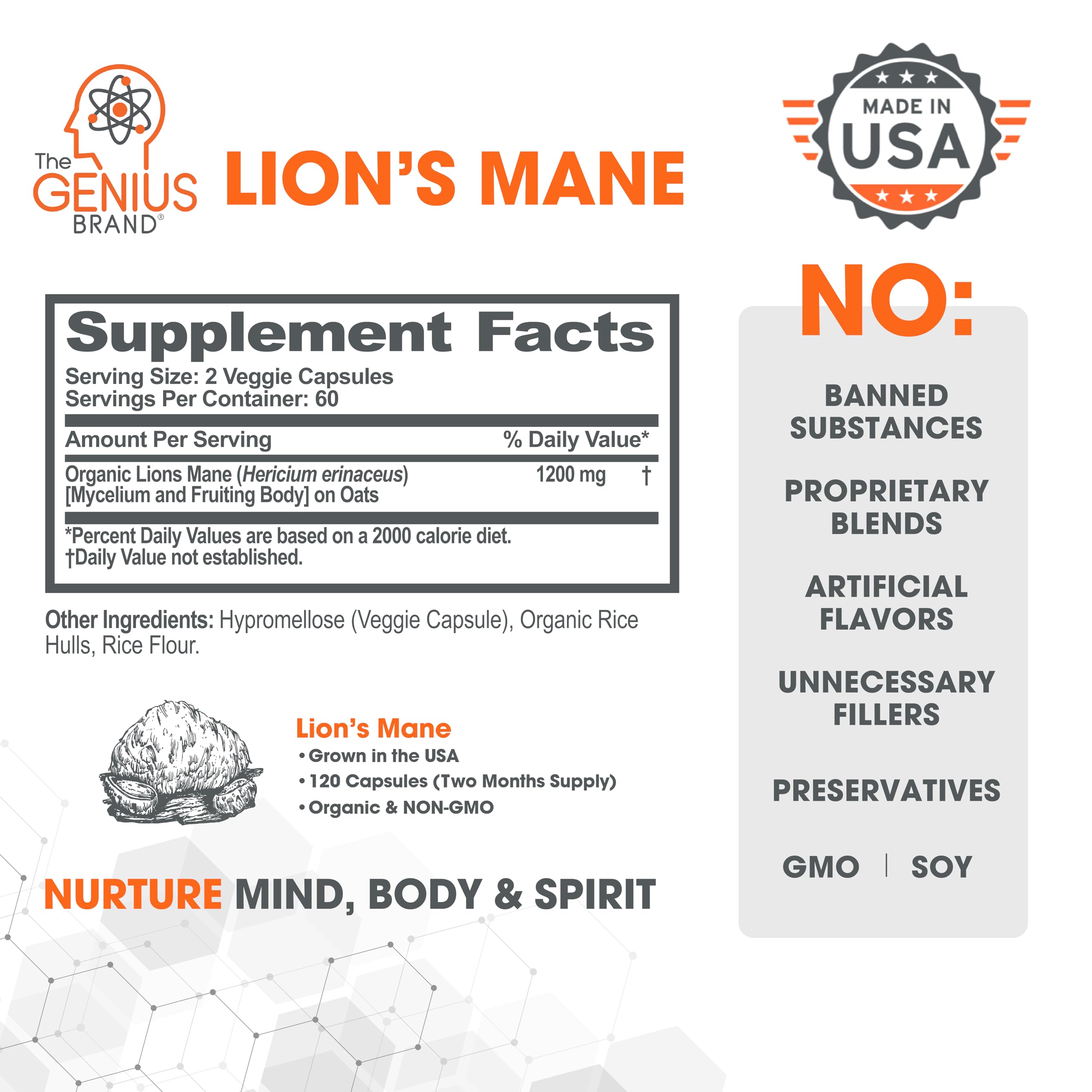 Foto 3 pulgar | Suplemento Genius Lions Mane 1200 mg 120 Cápsulas - Venta Internacional