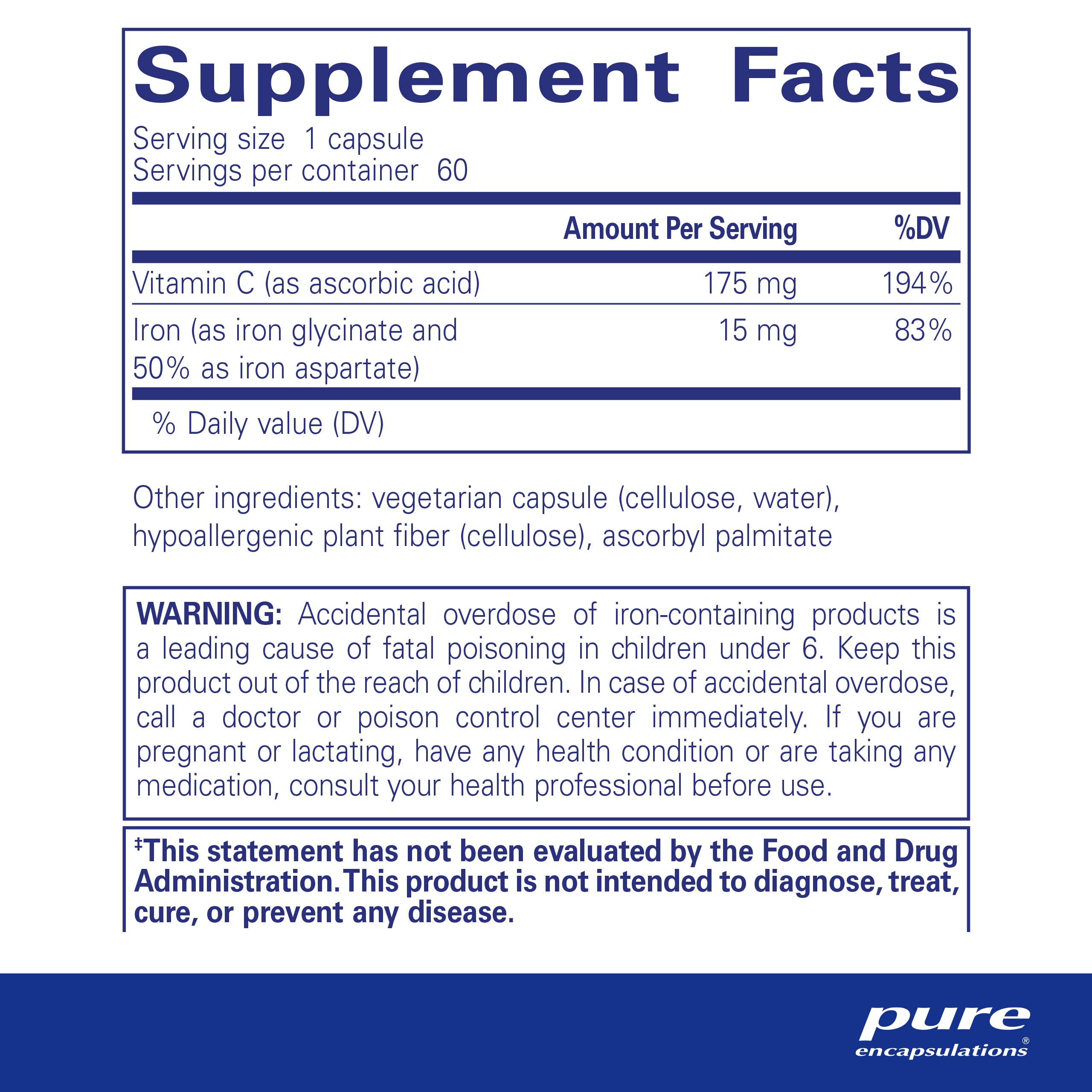 Foto 3 pulgar | Suplemento Pure Encapsulations Iron-c 15 Mg De Hierro 175 Mg De Vitamina C - Venta Internacional