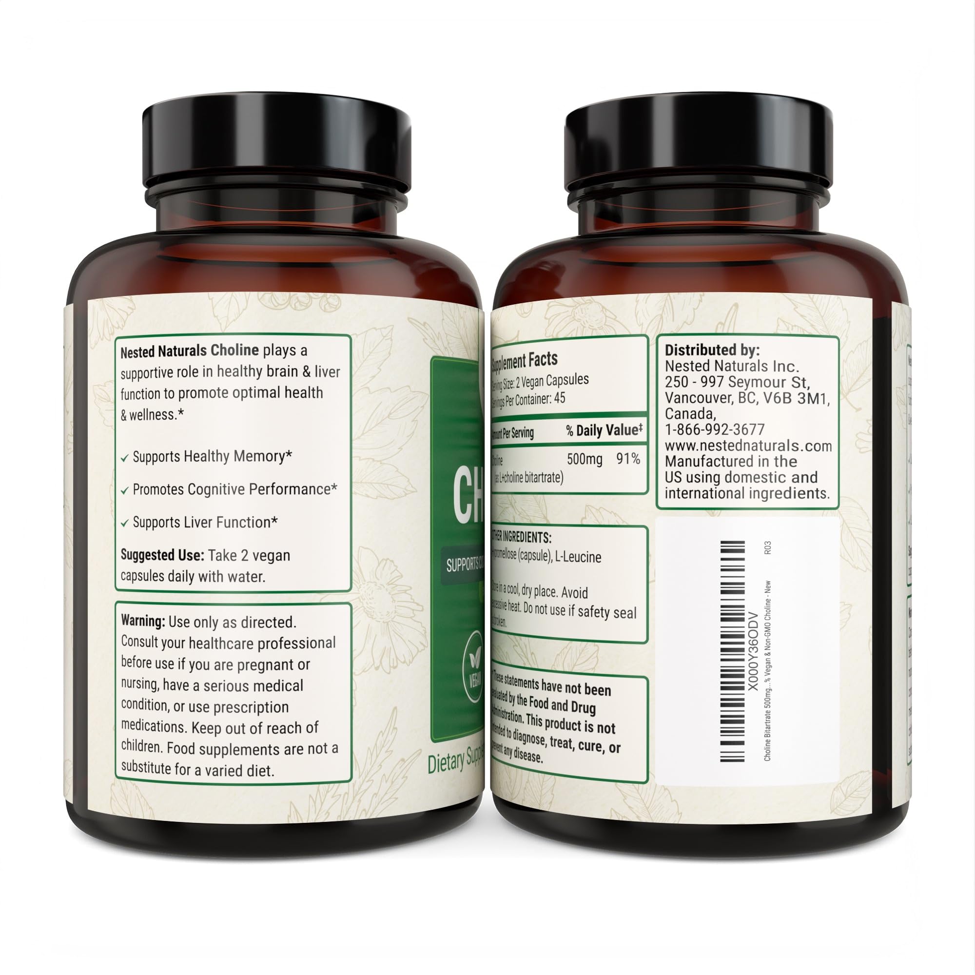 Foto 8 pulgar | Suplemento de Bitartrato de Colina Nested Naturals 500 Mg 90 Cápsulas - Venta Internacional