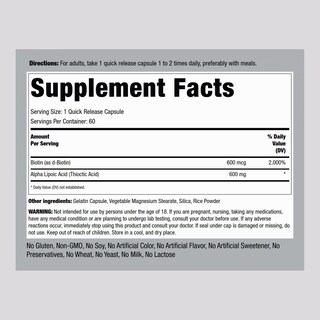 Foto 2 | Suplemento de Ácido Alfa Lipoico Piping Rock 600 Mg con Biotina 60 Cápsulas - Venta Internacional