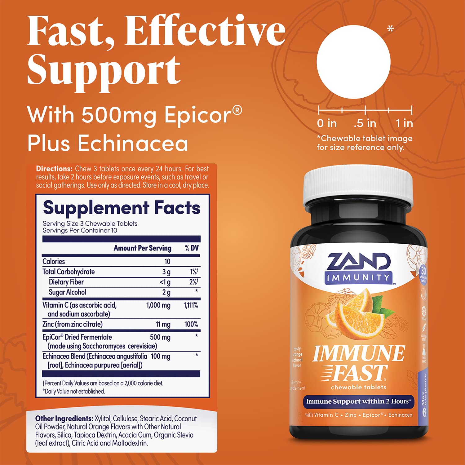 Foto 3 pulgar | Suplemento Zand Immune Fast Zesty Orange con Epicor 30 Comprimidos - Venta Internacional