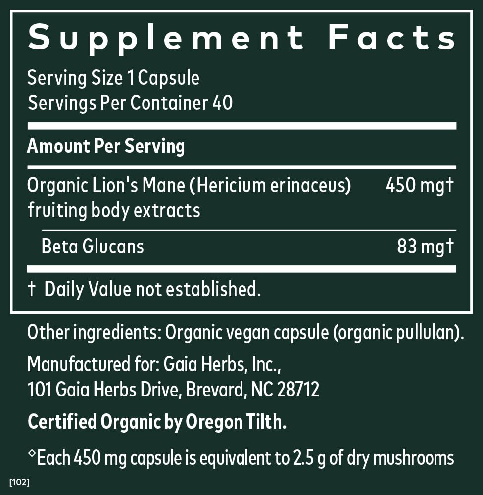 Foto 3 pulgar | Suplemento Gaia Herbs Lions Mane Mushroom 40 Cápsulas - Venta Internacional