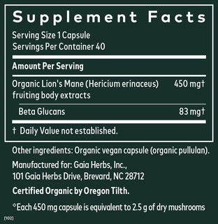 Foto 2 | Suplemento Gaia Herbs Lions Mane Mushroom 40 Cápsulas - Venta Internacional