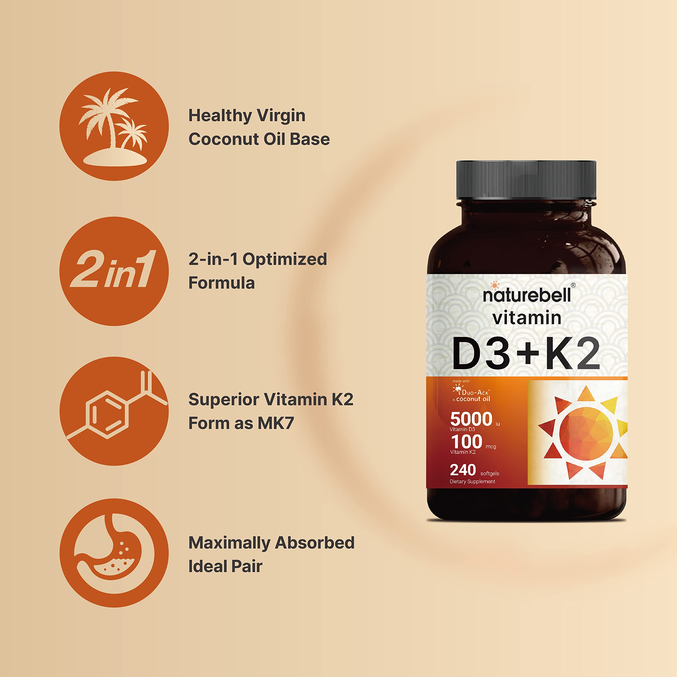 Foto 4 pulgar | Suplemento Naturebell De Vitamina D3 5000 K2 240 Cápsulas- Venta Internacional
