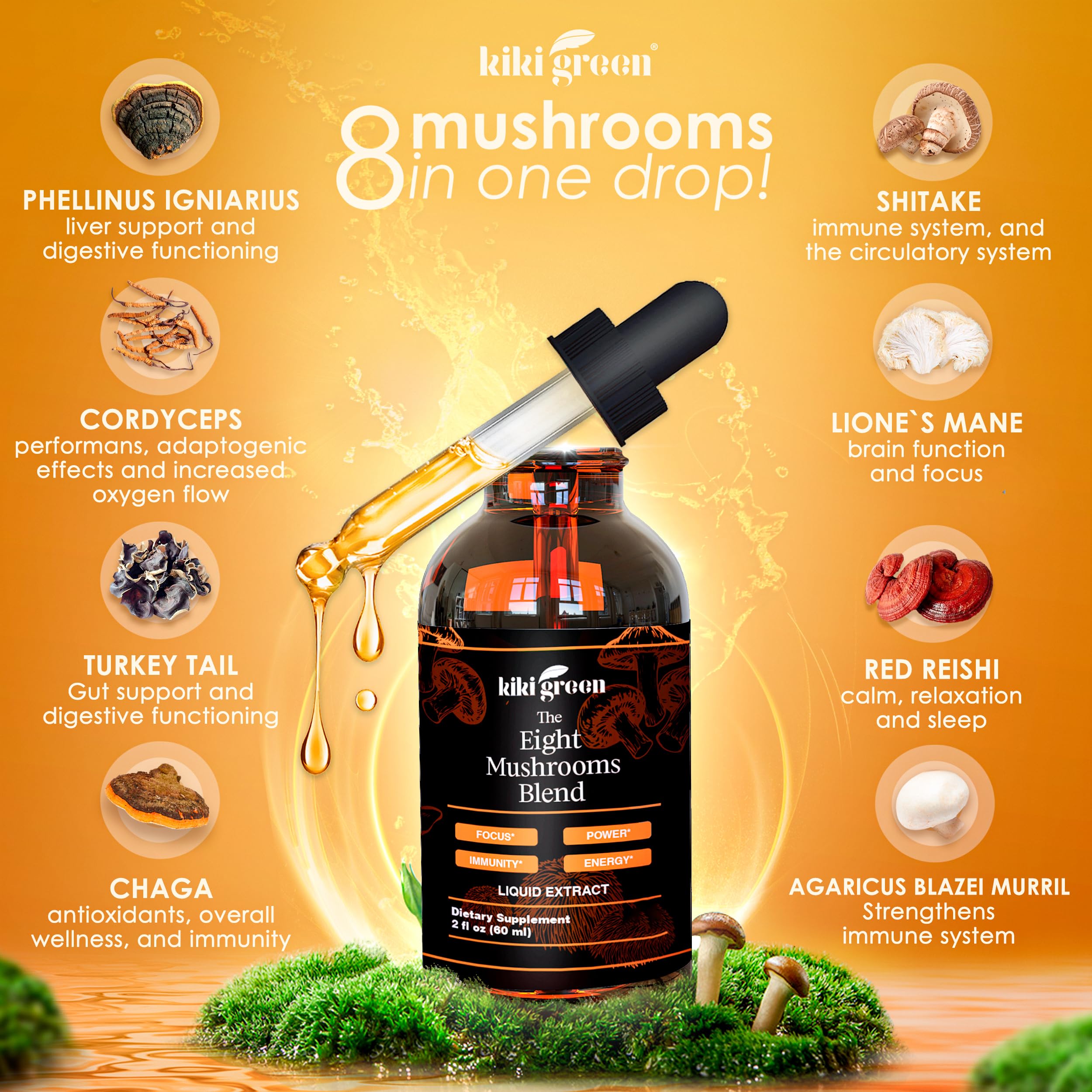 Foto 3 pulgar | Extracto de Hongos en Gotas Kiki Green 8 Mushrooms Complex 30 ml - Venta Internacional