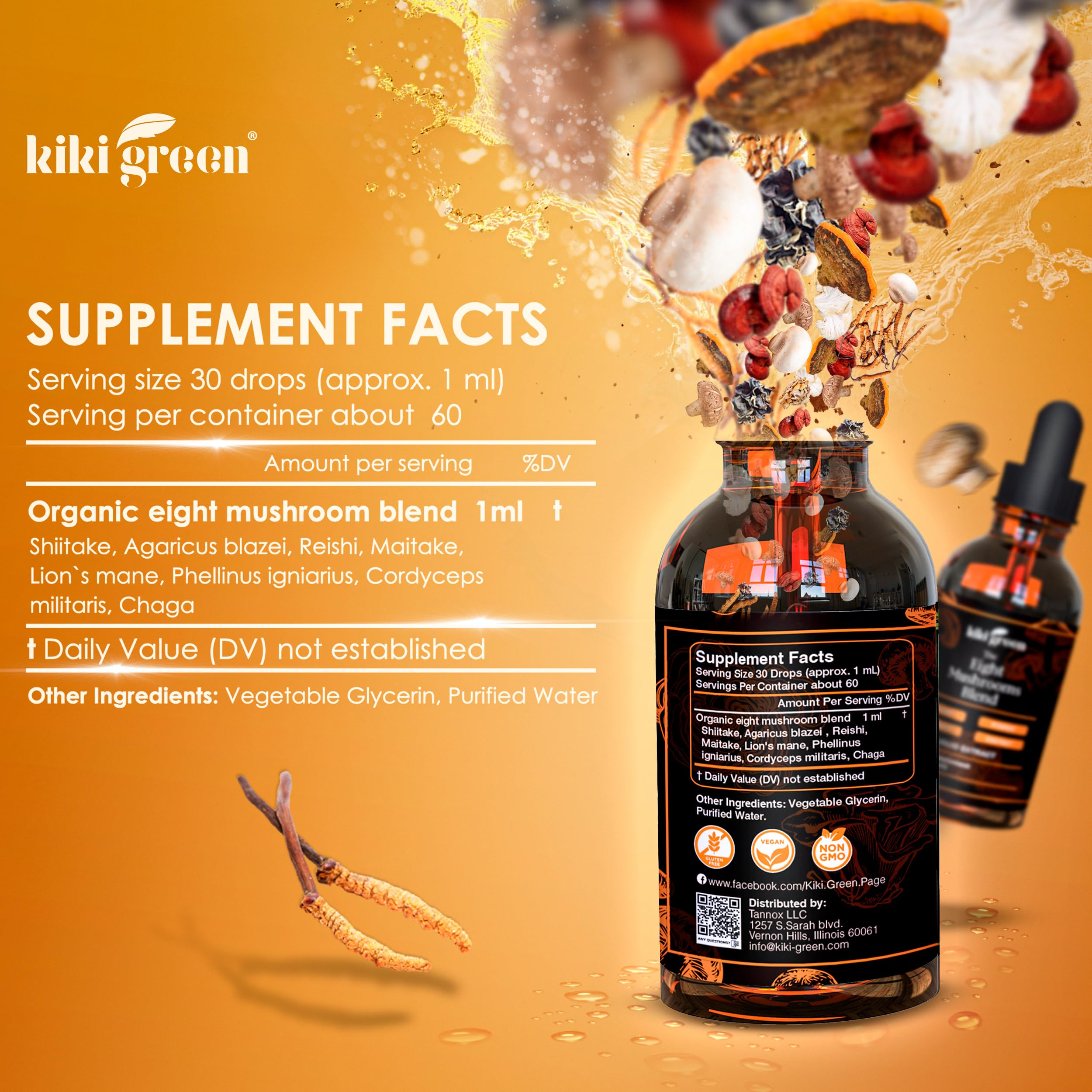 Foto 4 pulgar | Extracto de Hongos en Gotas Kiki Green 8 Mushrooms Complex 30 ml - Venta Internacional