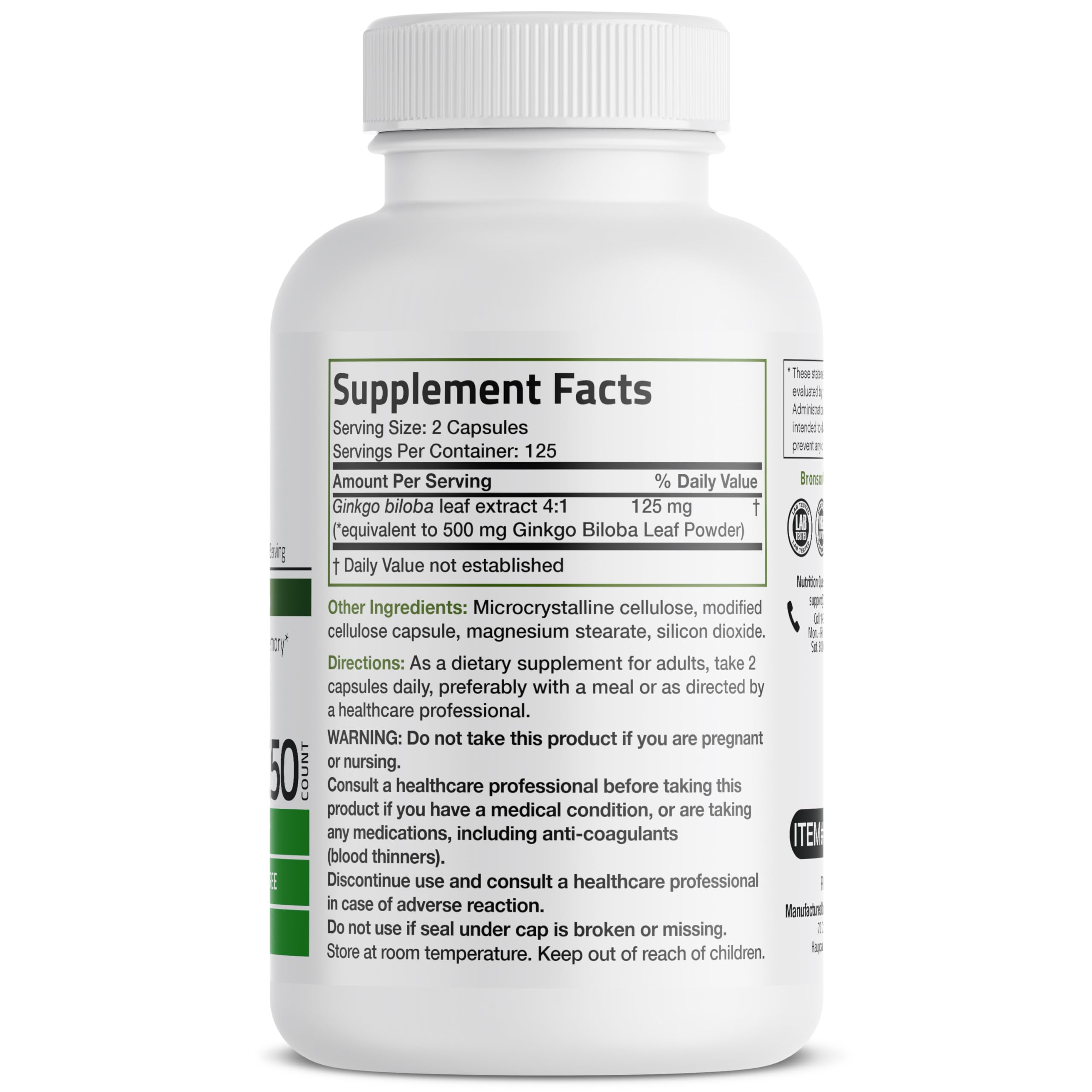 Foto 3 pulgar | Suplemento Bronson Ginkgo Biloba Extra 250 Cápsulas - Venta Internacional
