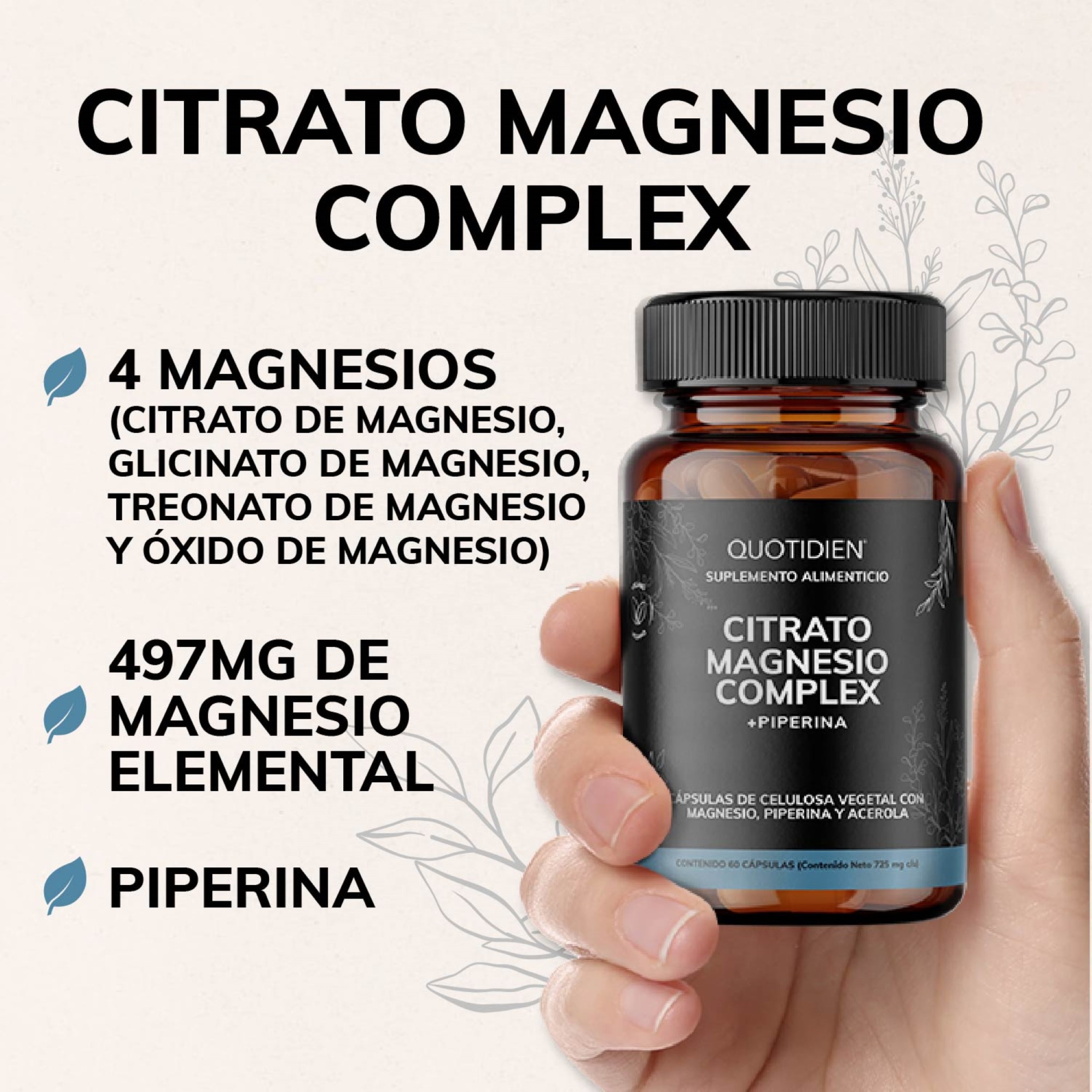 Foto 4 pulgar | Suplemento Alimenticio Quotidien Citrato Magnesio Complex 497 Mg Con Piperina 60 Cápsulas