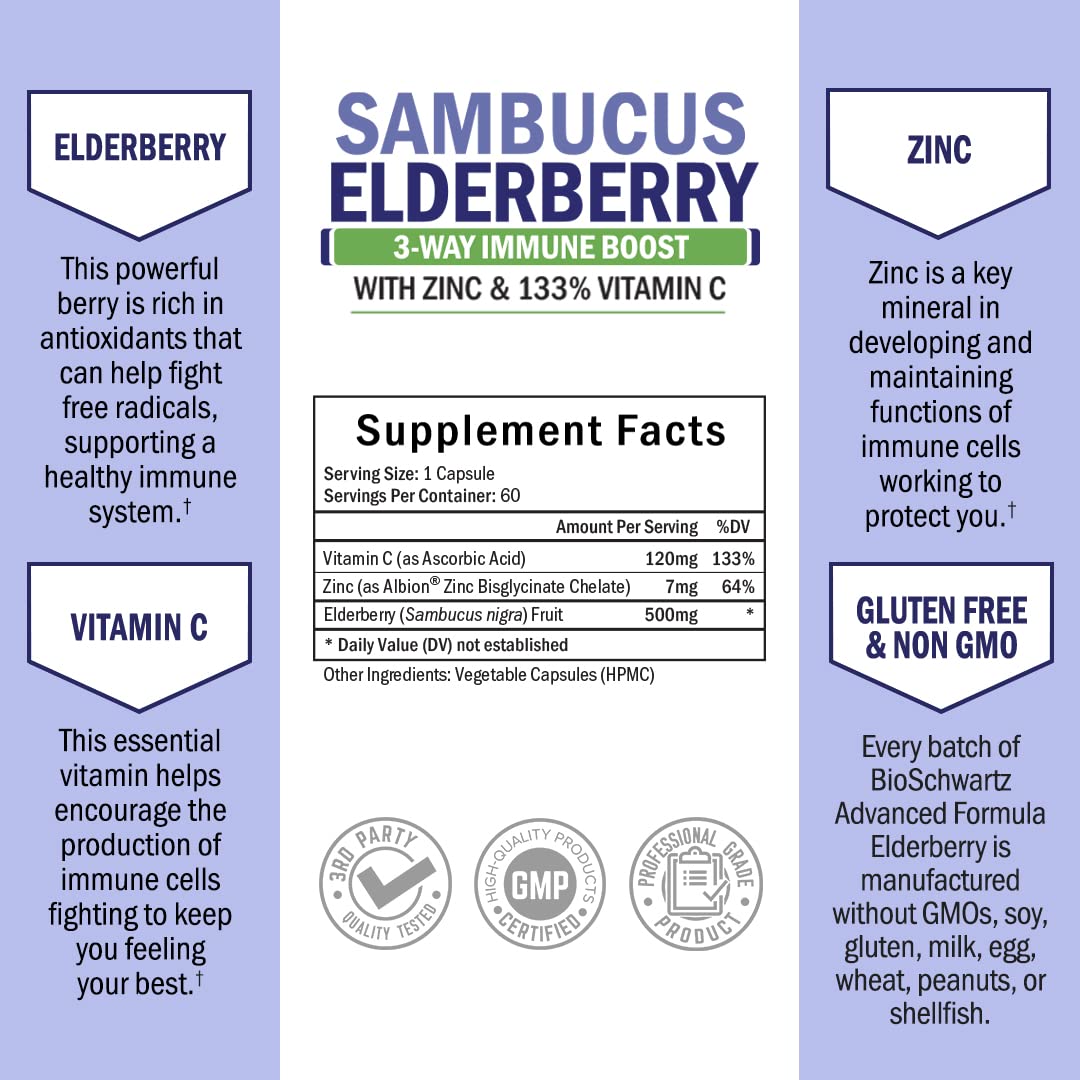 Foto 7 pulgar | Suplemento Bioschwartz Elderberry con Zinc y Vitamina C 60 Unidades - Venta Internacional