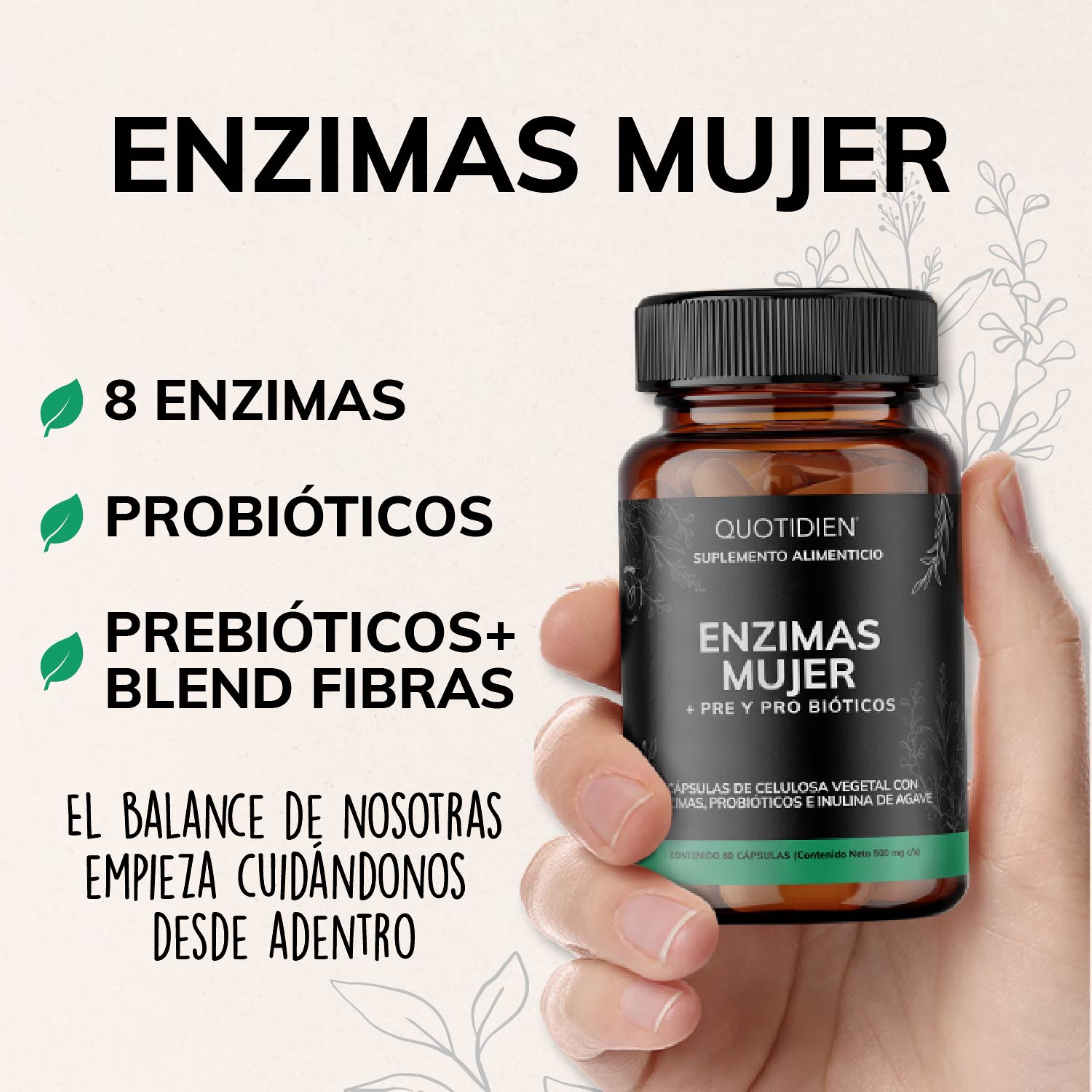 Foto 3 pulgar | Suplemento Alimenticio Quotidien Enzimas Digestivas + Probióticos + Prebióticos (fibras) Fibras 60 Cápsulas