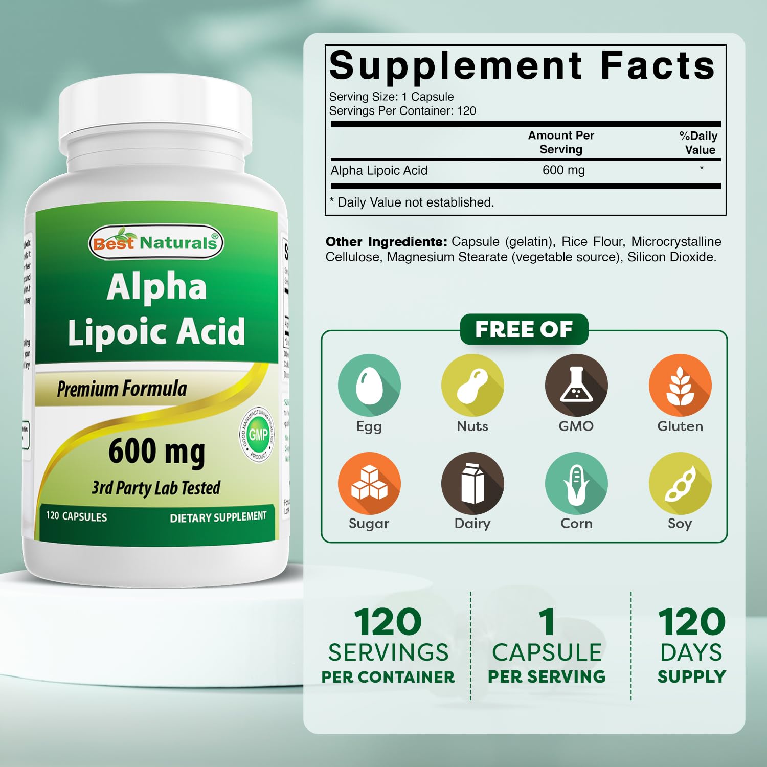 Foto 2 | Suplemento de Ácido Alfa Lipoico Best Naturals 600 mg 120 Cápsulas - Venta Internacional