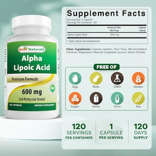 Foto 2 | Suplemento de Ácido Alfa Lipoico Best Naturals 600 mg 120 Cápsulas - Venta Internacional