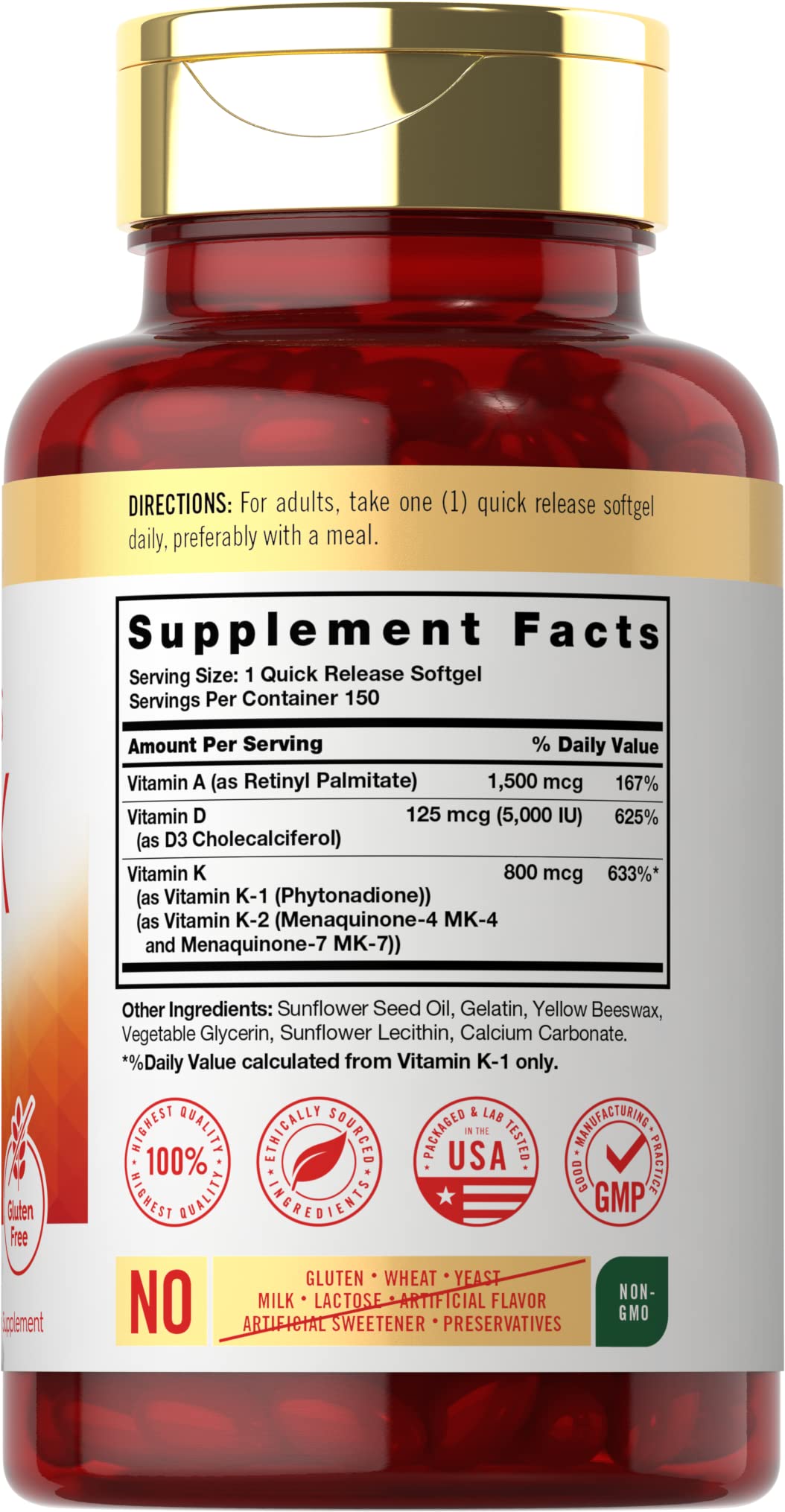 Foto 3 pulgar | Suplemento Carlyle Vitamin ADK 150 Cápsulas Blandas sin OGM sin Gluten - Venta Internacional