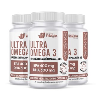 Foto 1 | Pack 3 Frascos De Ultra Omega 3 Nutrientes Vidalabs México Alta Concentración 400 Mg Epa Y 300 Mg Dha