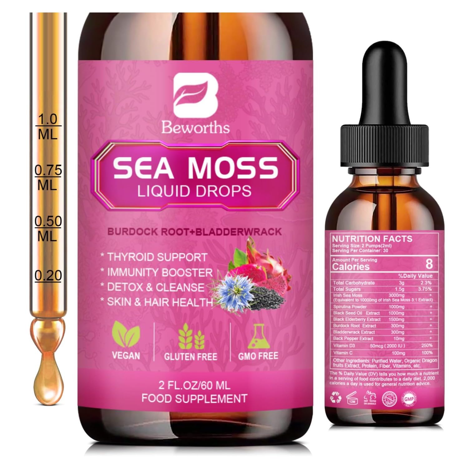 Foto 2 pulgar | Suplemento B Beworths Sea Moss Liquid Drops 3000 Mg - Venta Internacional.