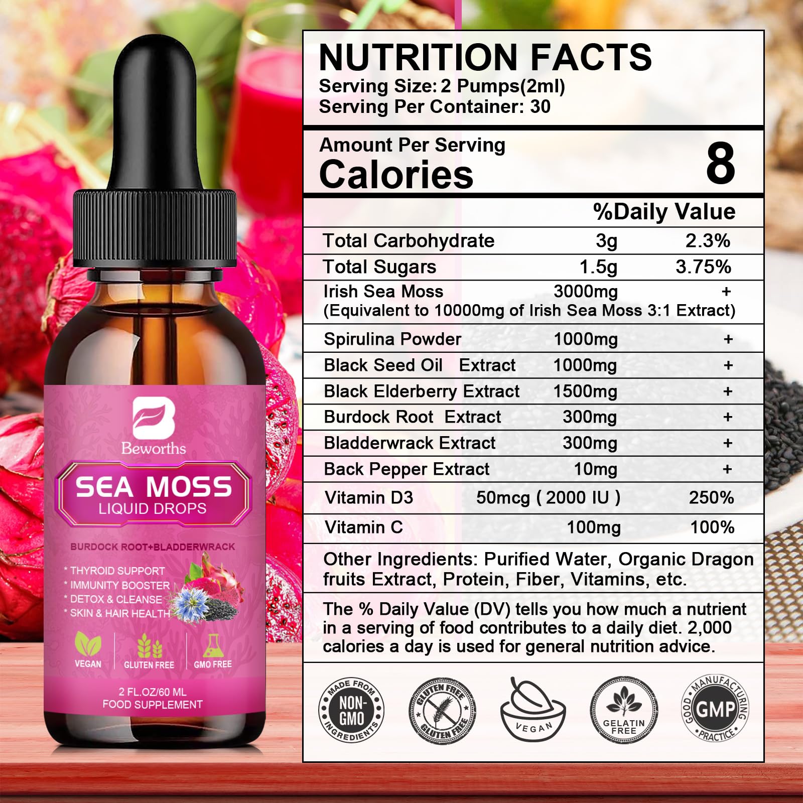 Foto 8 pulgar | Suplemento B Beworths Sea Moss Liquid Drops 3000 Mg - Venta Internacional.