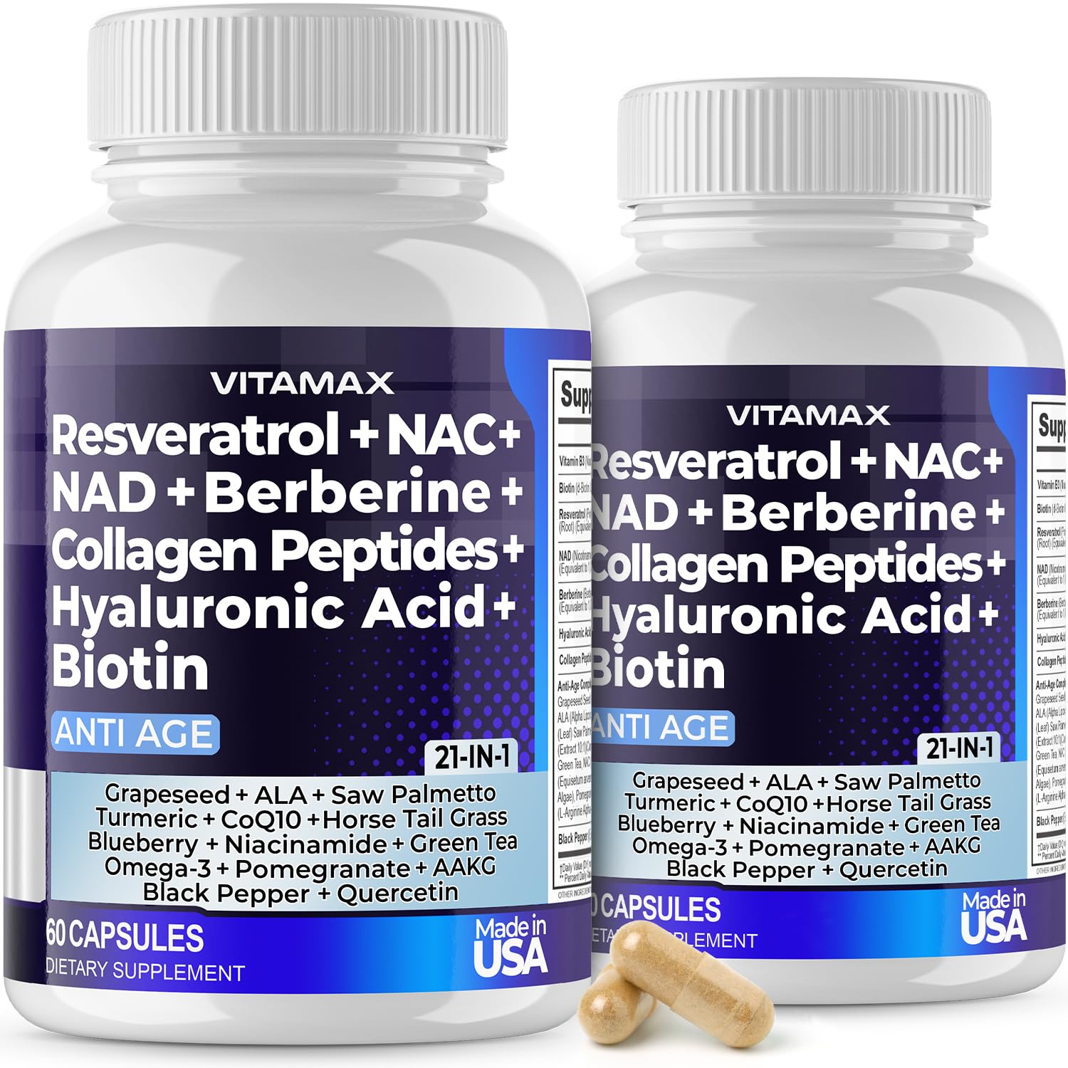 Suplemento Vitamax Resveratrol Nad+, Berberina Y Ácido Hialurónico - Venta Internacional.