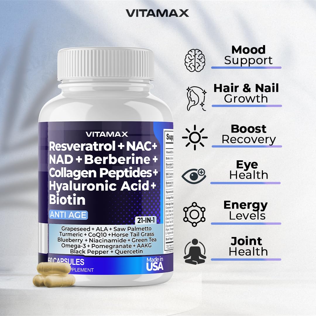 Foto 4 pulgar | Suplemento Vitamax Resveratrol Nad+, Berberina Y Ácido Hialurónico - Venta Internacional.