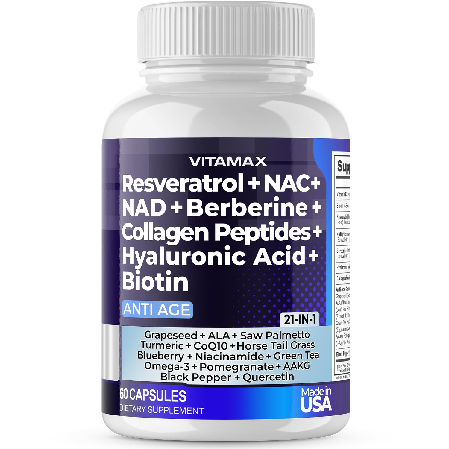 Foto 2 pulgar | Suplemento Vitamax Resveratrol Nad+, Berberina Y Ácido Hialurónico - Venta Internacional.
