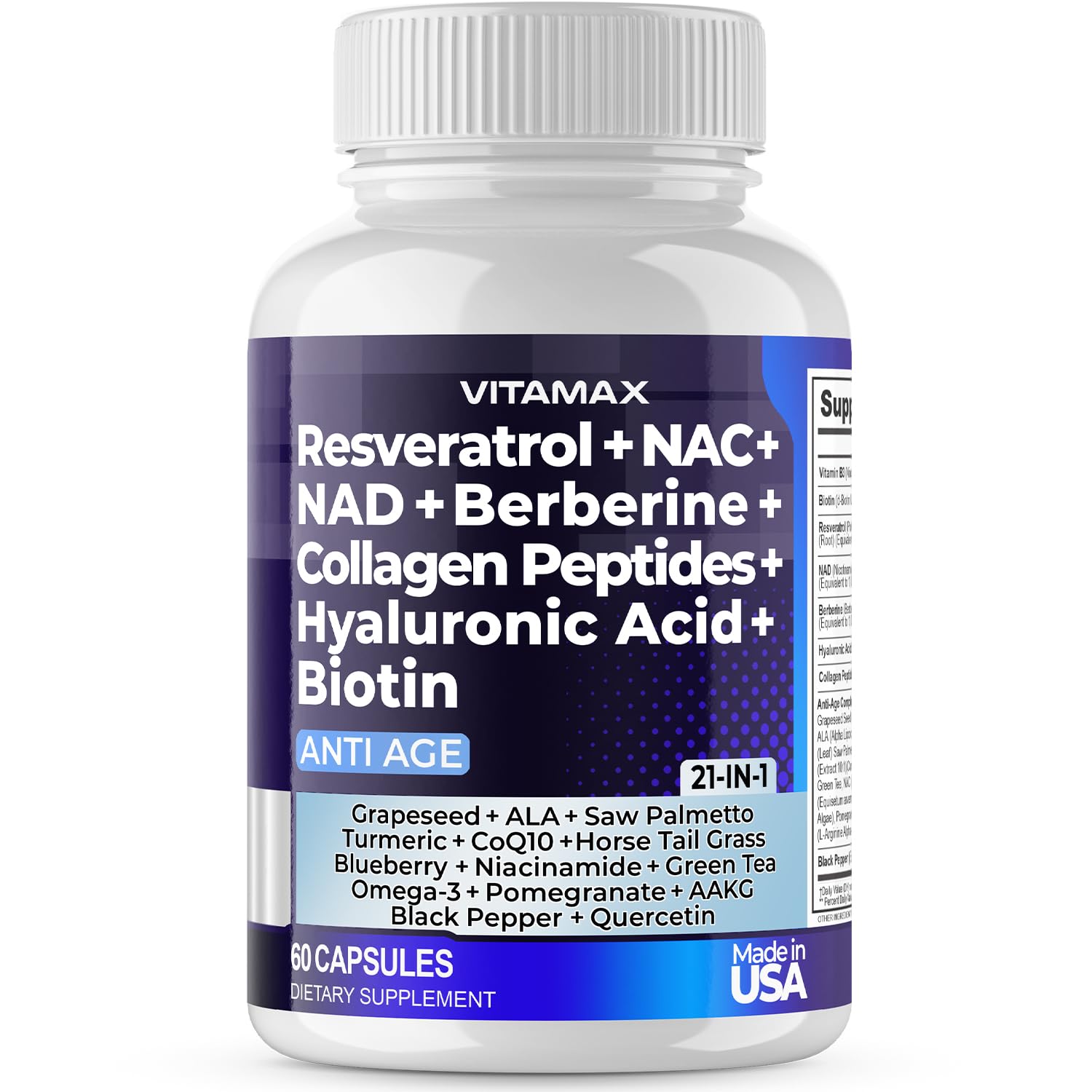 Suplemento Vitamax Resveratrol Nad+, Berberina Y Ácido Hialurónico - Venta Internacional.