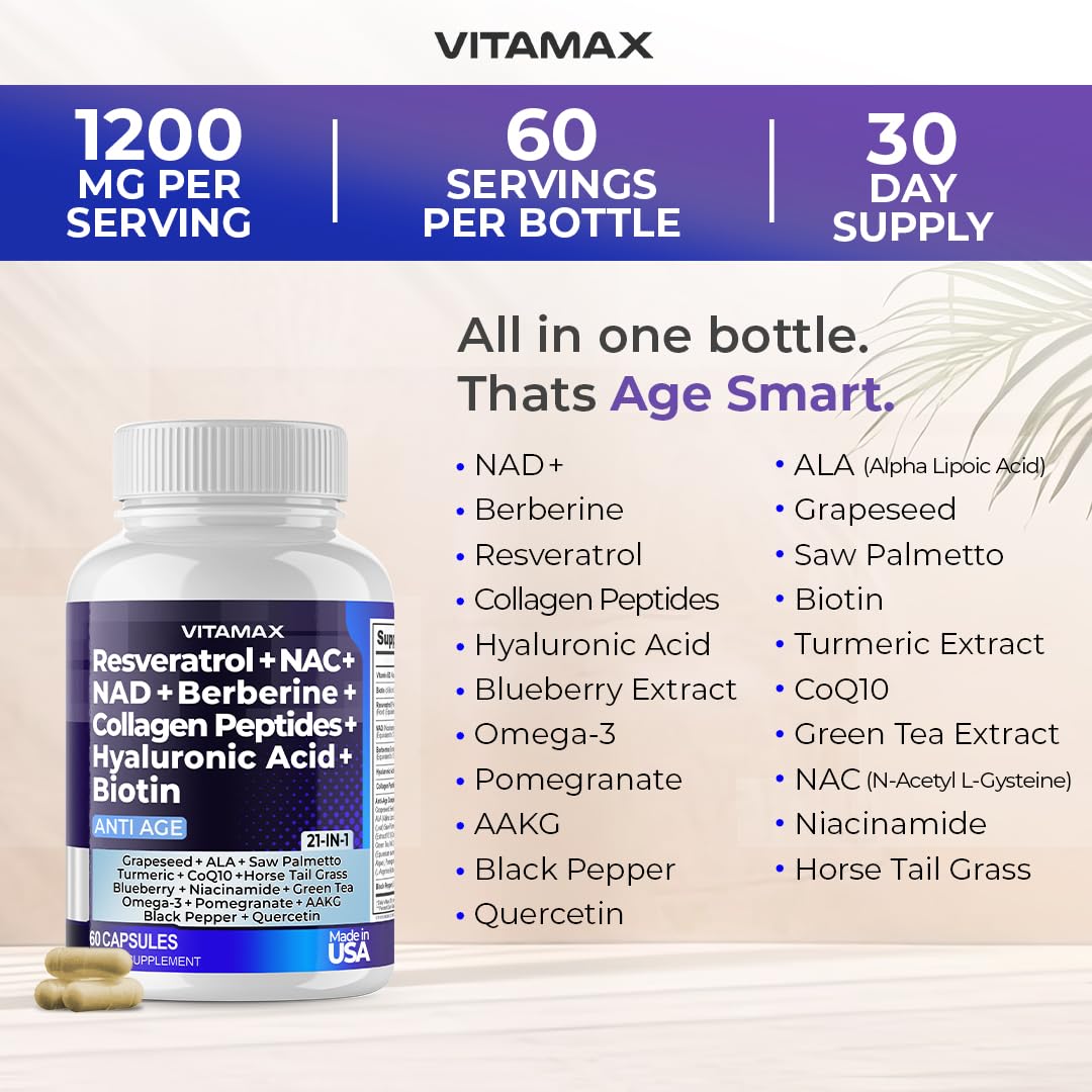 Foto 3 pulgar | Suplemento Vitamax Resveratrol Nad+, Berberina Y Ácido Hialurónico - Venta Internacional.