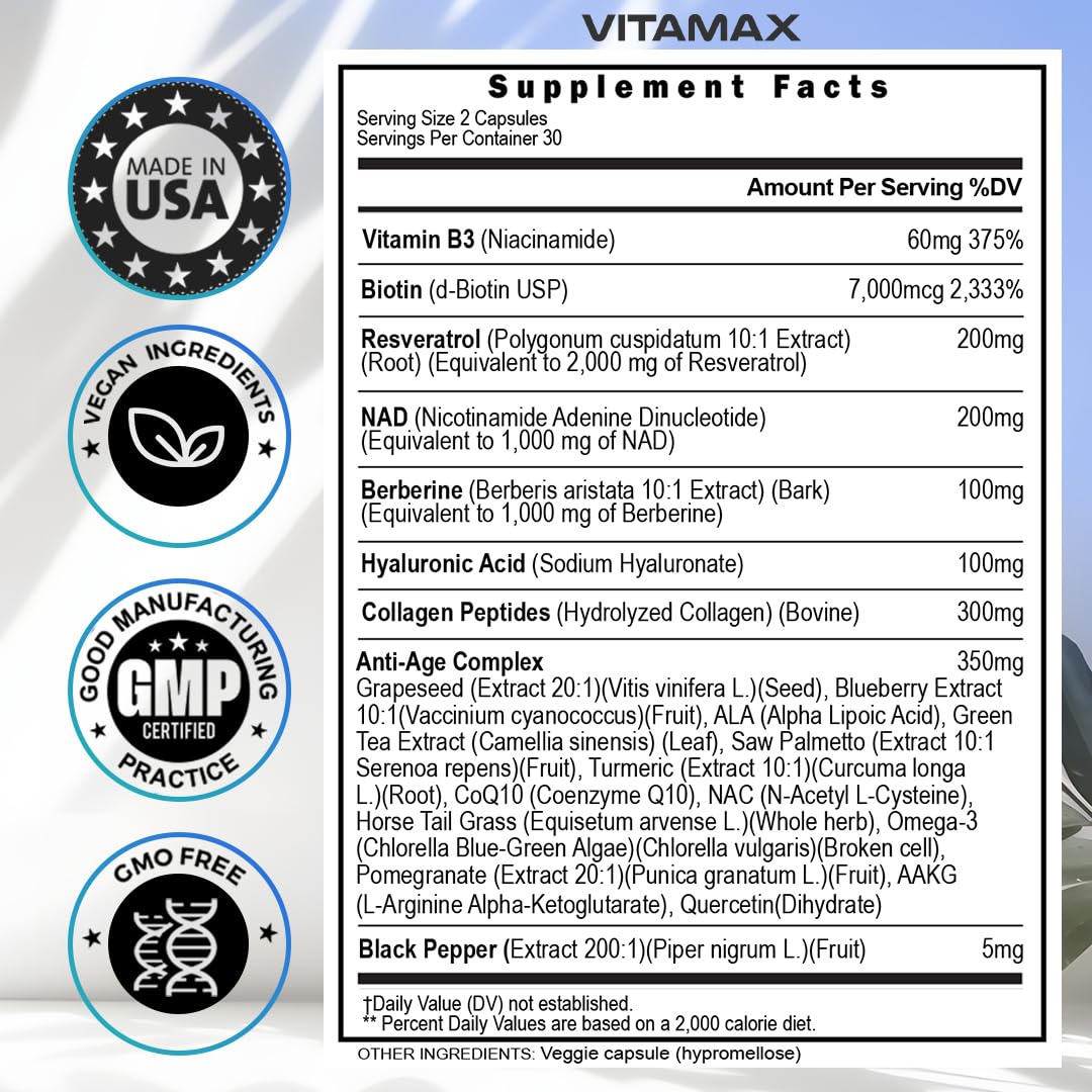 Foto 5 pulgar | Suplemento Vitamax Resveratrol Nad+, Berberina Y Ácido Hialurónico - Venta Internacional.