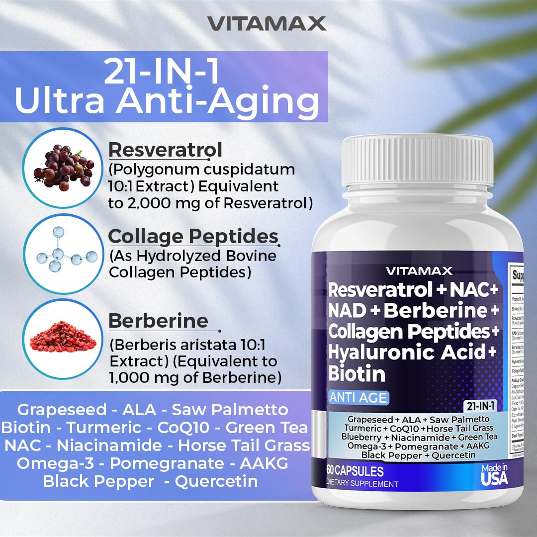 Foto 6 pulgar | Suplemento Vitamax Resveratrol Nad+, Berberina Y Ácido Hialurónico - Venta Internacional.