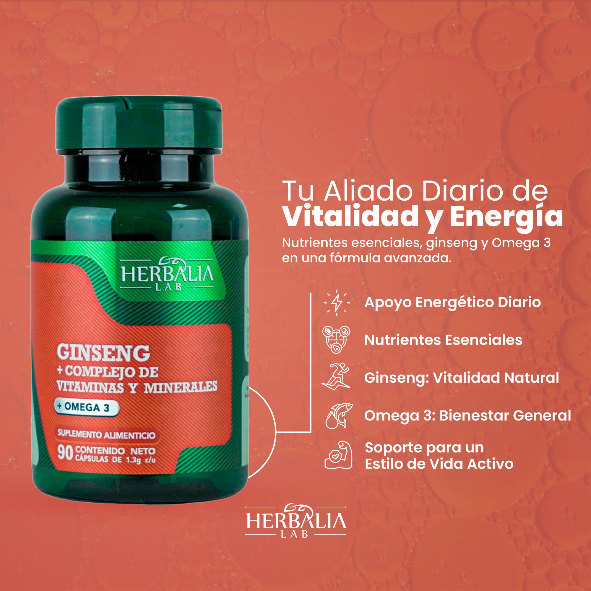 Foto 8 pulgar | Herbalia Lab | Ginseng Y Complejo Multivitamínico Con Omega 3 - 90 Cápsulas