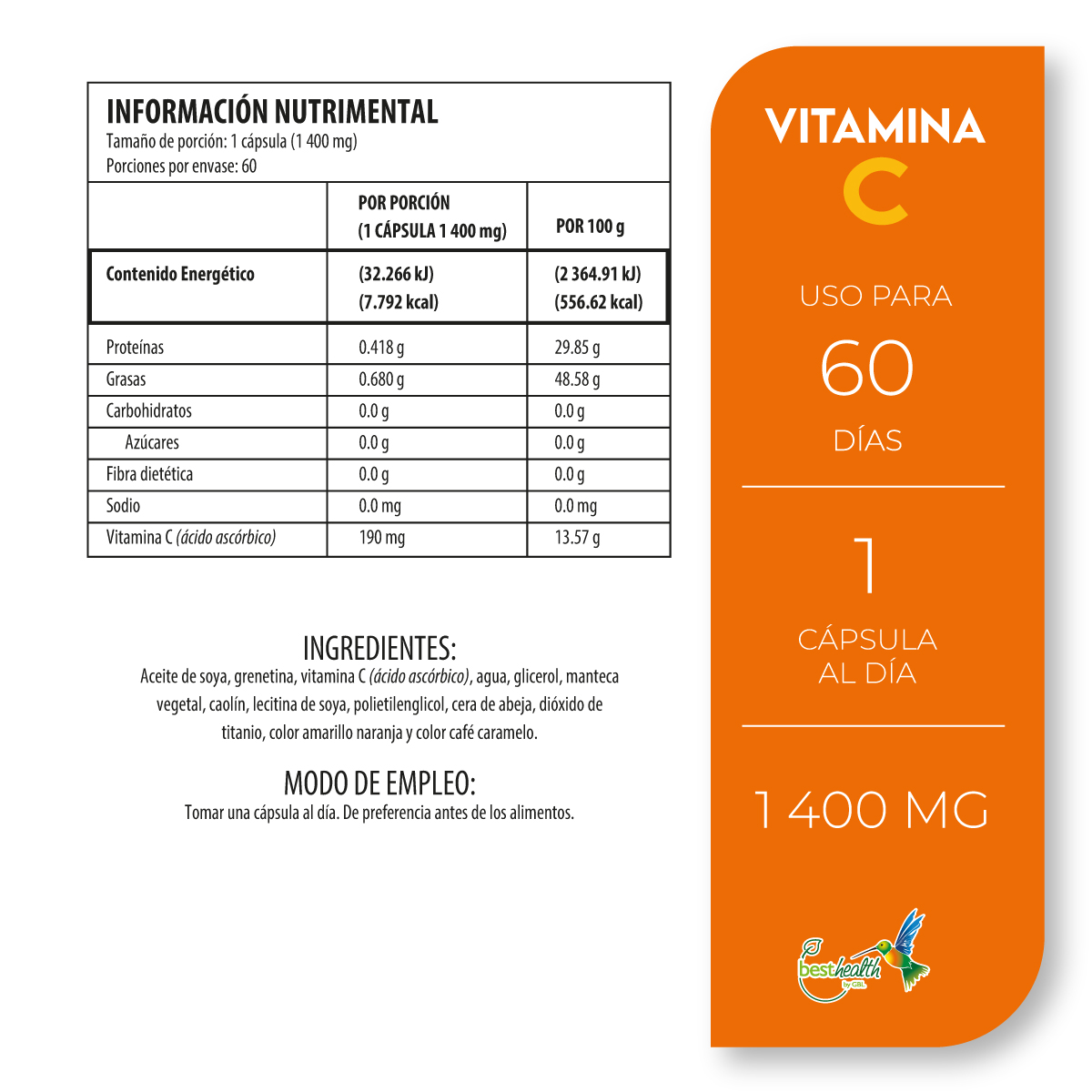 Foto 4 pulgar | Suplementos Best Health de Vitamina C 60 Cápsulas