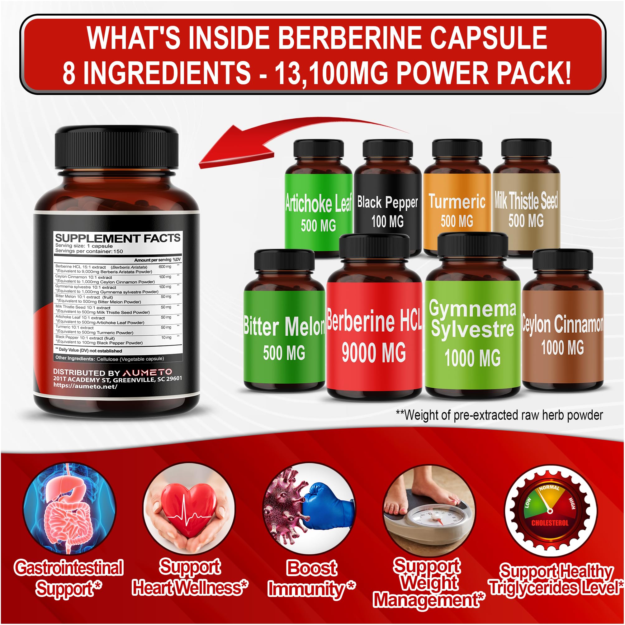 Foto 3 | Suplemento Aumeto Berberine 8 en 1 150 Cápsulas 13100 Mg - Venta Internacional