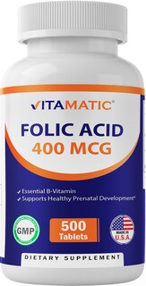 Foto 1 | Suplemento Vitamínico de Ácido Fólico 400 mcg 500 Comprimidos Vegetarianos - Venta Internacional