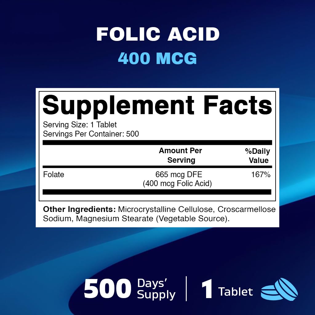 Foto 3 pulgar | Suplemento Vitamínico de Ácido Fólico 400 mcg 500 Comprimidos Vegetarianos  - Venta Internacional
