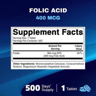 Foto 2 | Suplemento Vitamínico de Ácido Fólico 400 mcg 500 Comprimidos Vegetarianos - Venta Internacional