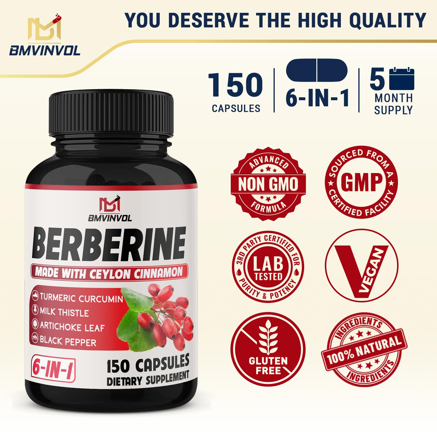 Foto 6 pulgar | Suplemento Bmvinvol Berberine 150 Cápsulas con Canela de Ceilán - Venta Internacional