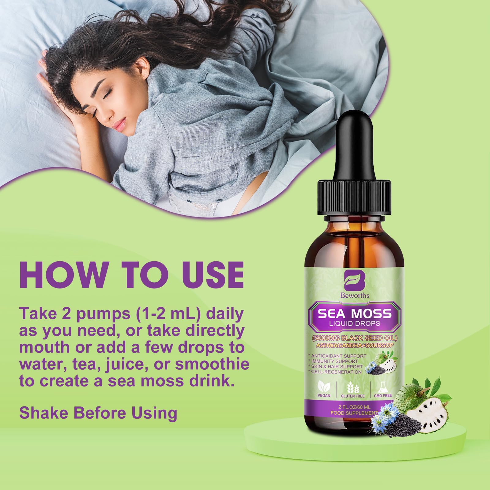 Foto 5 | Suplemento B Beworths Sea Moss En Gotas Líquidas Con Aceite De Semillas Negras - Venta Internacional