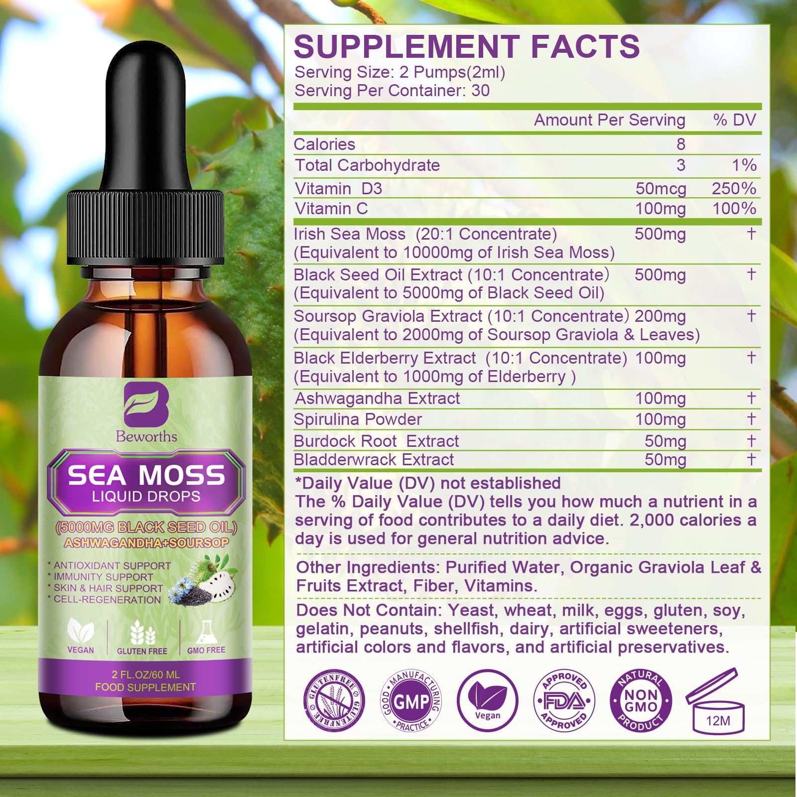 Foto 7 pulgar | Suplemento B Beworths Sea Moss En Gotas Líquidas Con Aceite De Semillas Negras - Venta Internacional