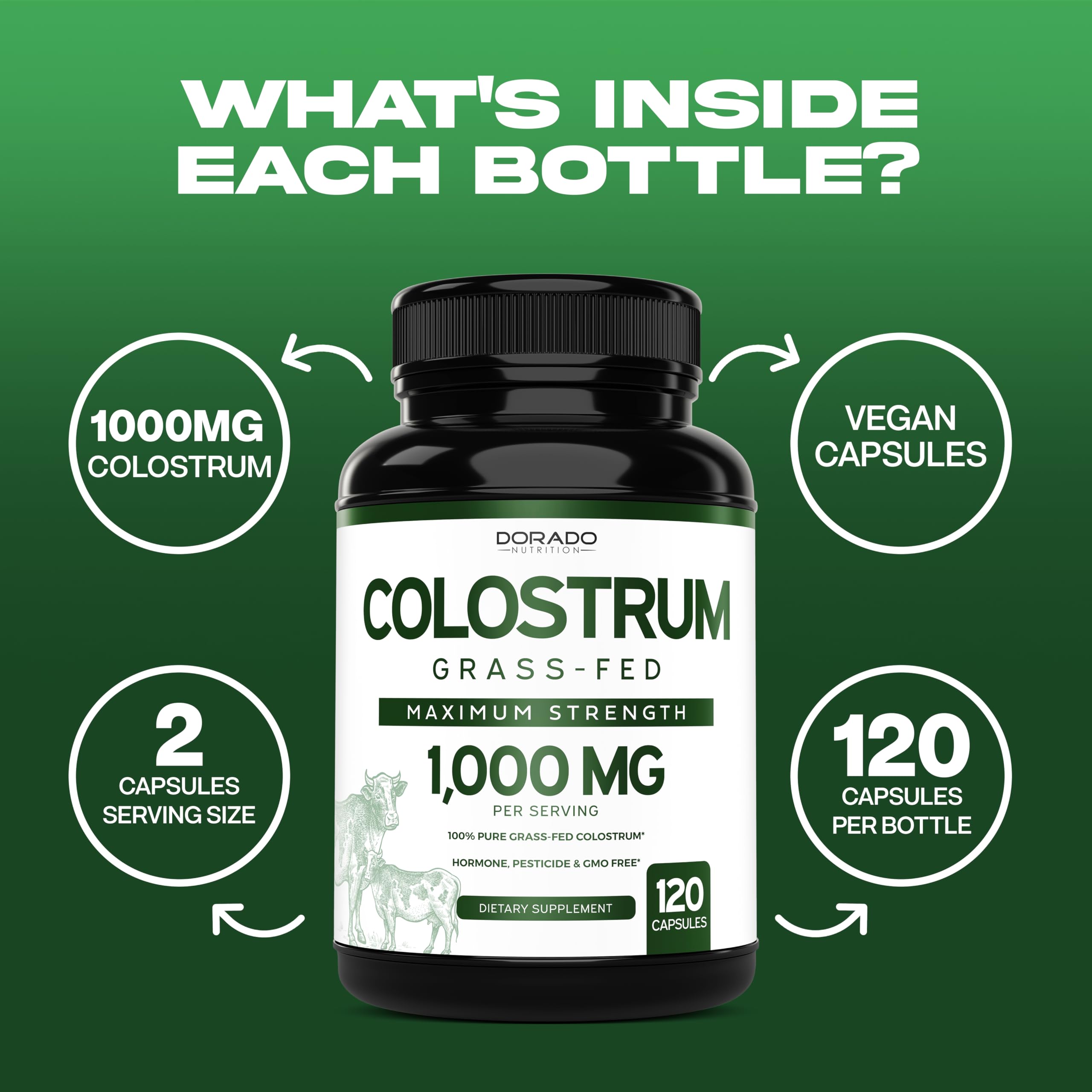 Foto 5 pulgar | Suplemento Dorado Nutrition Calostro 1000 mg 120 Cápsulas Veganas - Venta Internacional
