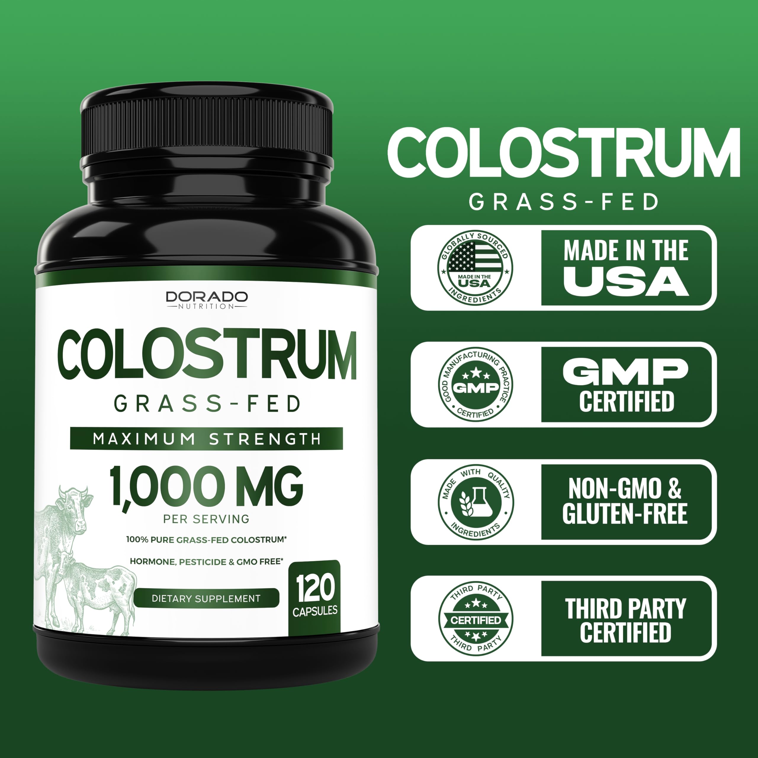 Foto 7 pulgar | Suplemento Dorado Nutrition Calostro 1000 mg 120 Cápsulas Veganas - Venta Internacional